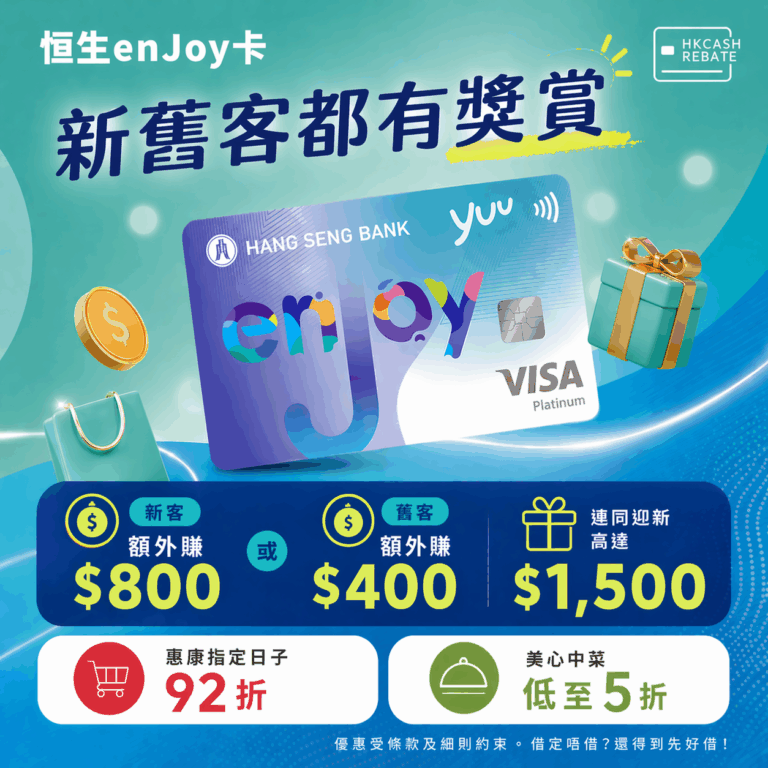 新升級恒生enJoy Card信用卡：日日升級餐飲禮遇、美心中菜低至5折、迎新高達HK$700！迎新優惠/yuu積分/年費全攻略