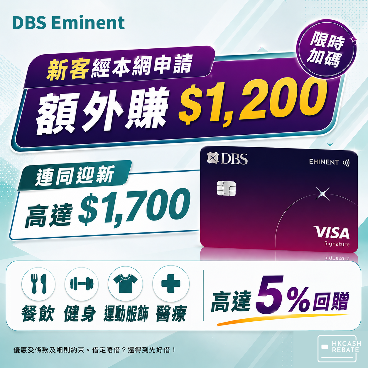 DBS Eminent Card：餐飲/醫療高達5%回贈！迎新/上下限/定義/年費全攻略